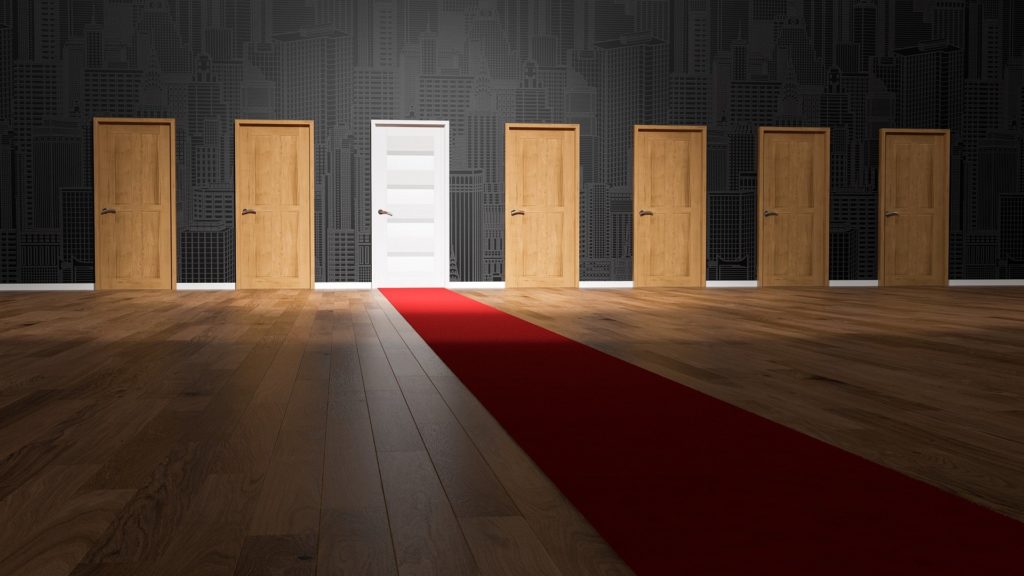 Six Brown Doors and One White Door with Red Carpet Leading Up to It