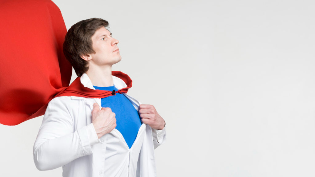 Man with Red Cape and Lab Coat