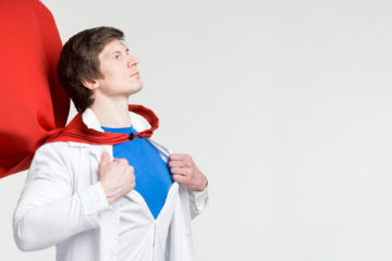 Man with Red Cape and Lab Coat